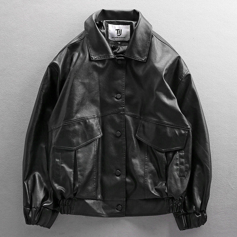 Herren Oversized Lederimitat-Utility-Jacke mit Pattentaschen und elastischem Saum Shop Nory