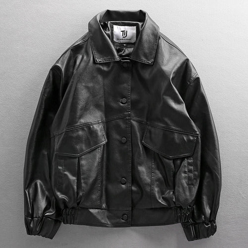 Herren Oversized Lederimitat-Utility-Jacke mit Pattentaschen und elastischem Saum Shop Nory
