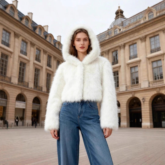 Damen Cropped Kunstpelzjacke mit Kapuze, glatter High‑Pile‑Optik und schmaler Saum Shop Nory