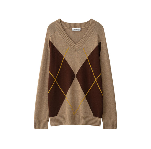 Damen Argyle V-Ausschnitt Pullover aus Feinstrick mit Raglanärmeln und Rippbündchen Shop Nory