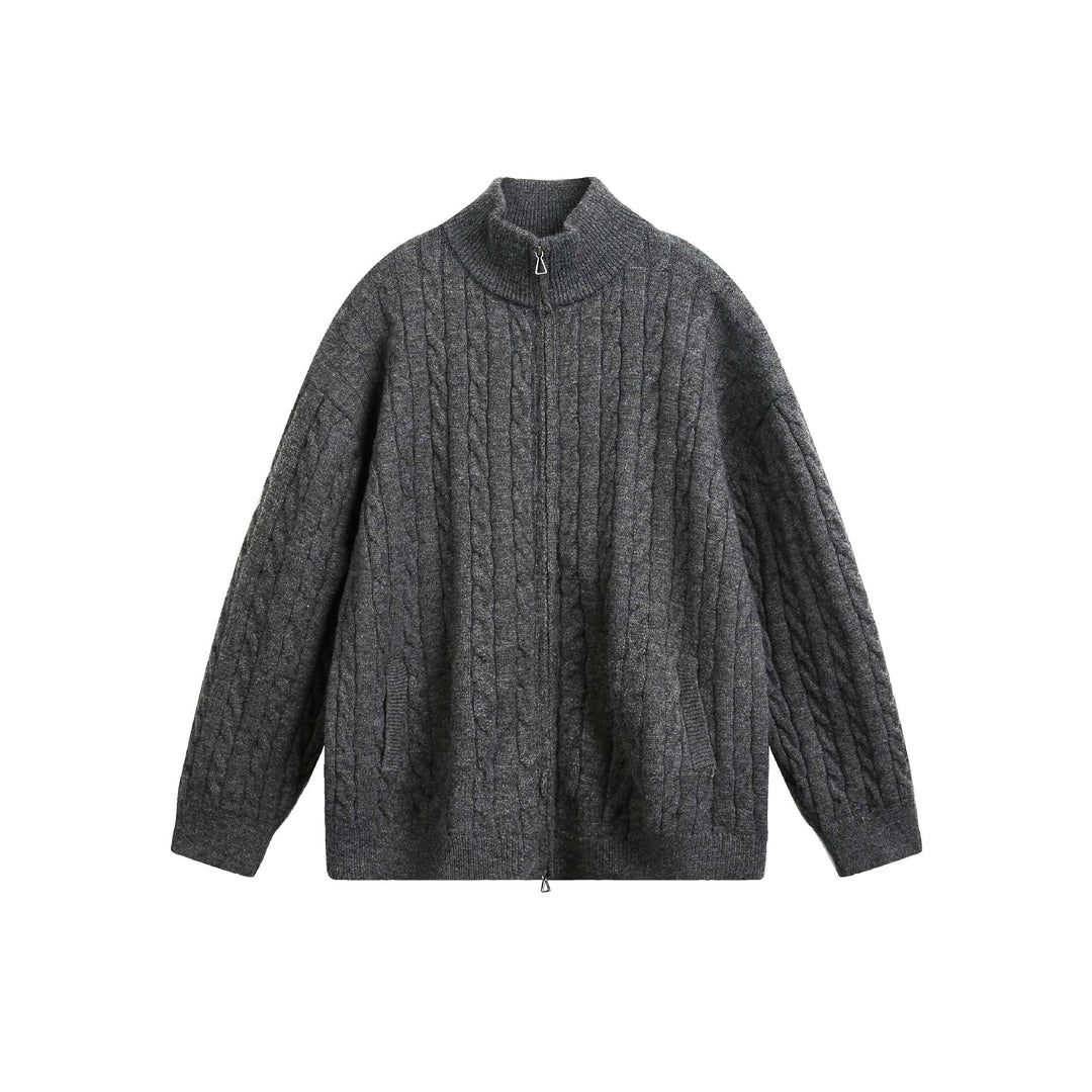 Unisex Grobstrick-Pullover mit Zopfmuster, hohem Stehkragen und Zwei-Wege-Reißverschluss Shop Nory