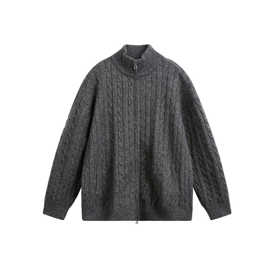 Unisex Grobstrick-Pullover mit Zopfmuster, hohem Stehkragen und Zwei-Wege-Reißverschluss Shop Nory