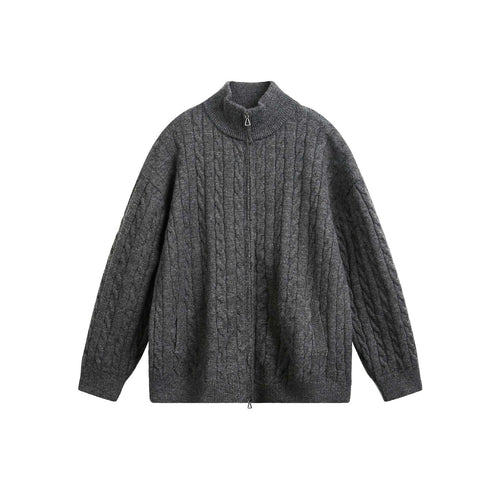 Unisex Grobstrick-Pullover mit Zopfmuster, hohem Stehkragen und Zwei-Wege-Reißverschluss Shop Nory