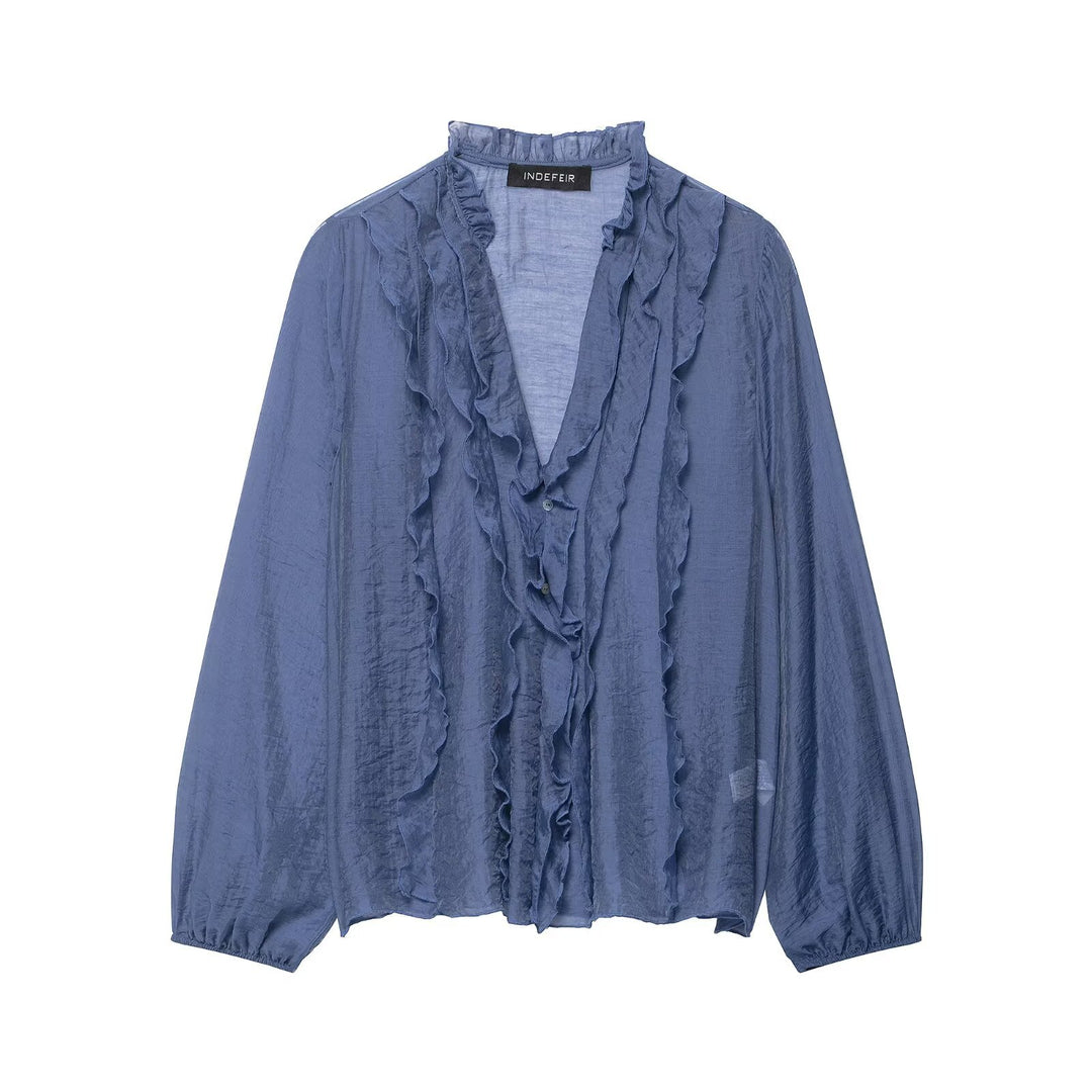 Damen Transparente Crinkle-Bluse mit Volantkragen, Rüschenfront und Ballonärmeln Shop Nory