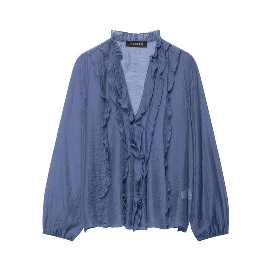 Damen Transparente Crinkle-Bluse mit Volantkragen, Rüschenfront und Ballonärmeln Shop Nory