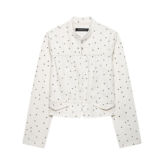 Damen Gepunktete Cropped Jeansjacke mit Stehkragen, Reißverschluss und Pattentaschen Shop Nory