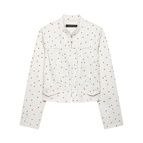 Damen Gepunktete Cropped Jeansjacke mit Stehkragen, Reißverschluss und Pattentaschen Shop Nory