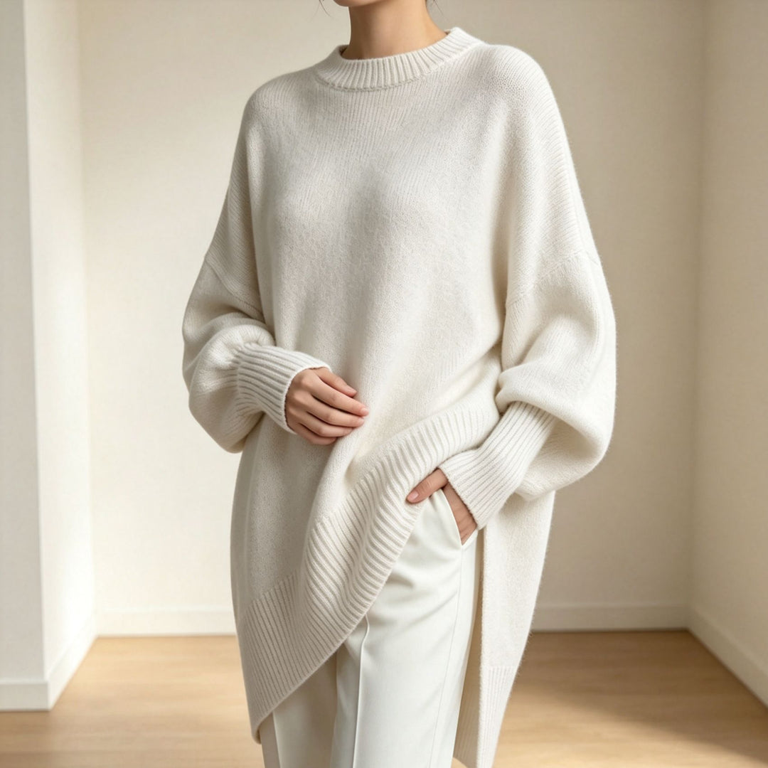 Damen Oversize Longline Feinstrick-Pullover mit Raglanärmeln und geripptem Saum Shop Nory
