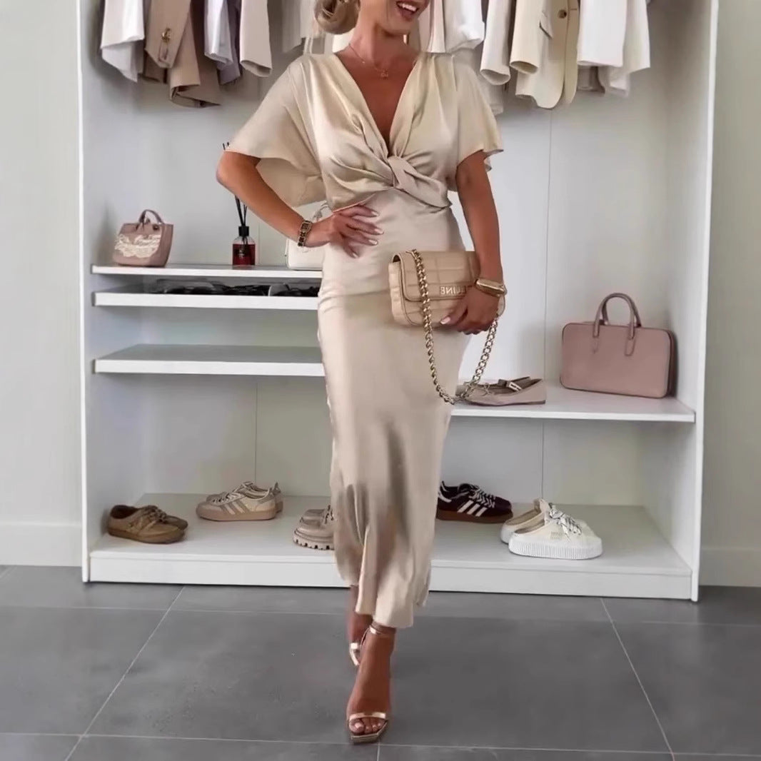 Damen Knielanges Satin-Kleid mit Kreuz-Design