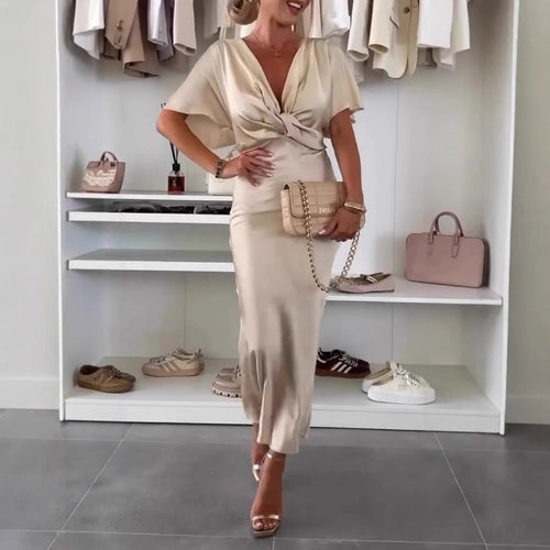 Damen Knielanges Satin-Kleid mit Kreuz-Design