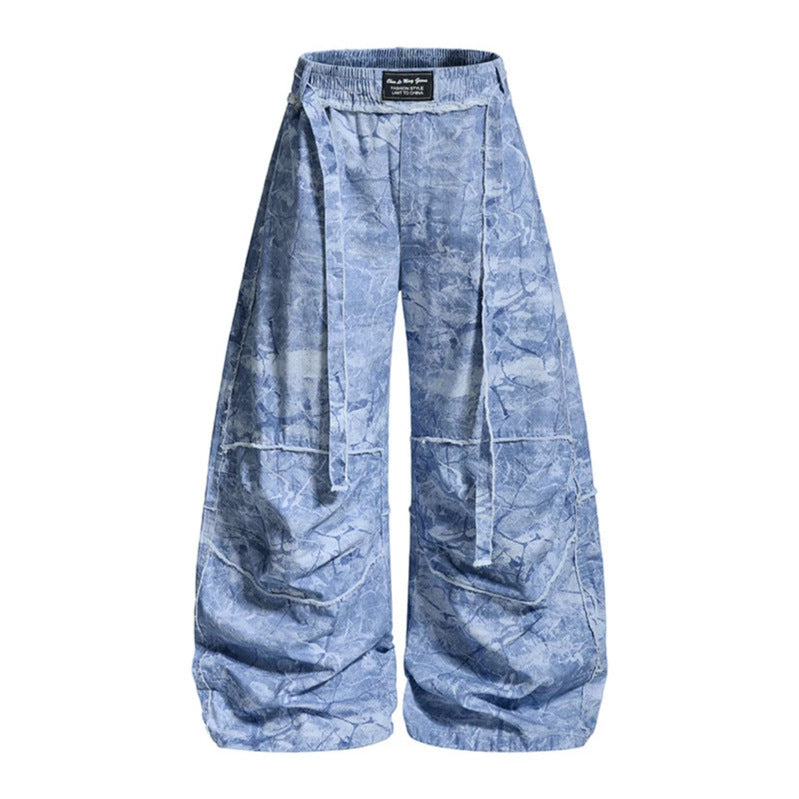 Damen weite Balloon-Jeanshose mit elastischem Bund, langen Zierbändern und Batik-Optik Shop Nory