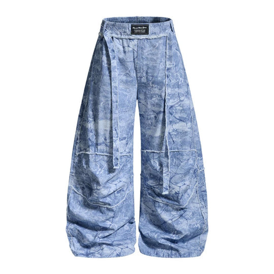 Damen weite Balloon-Jeanshose mit elastischem Bund, langen Zierbändern und Batik-Optik Shop Nory