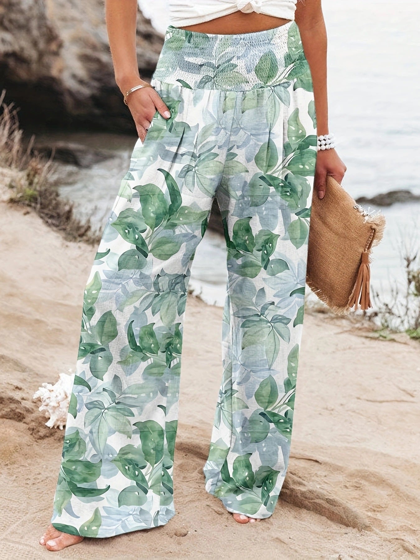 Damen Weit geschnittene Strandhose mit floralem Motiven und elastischem Bund