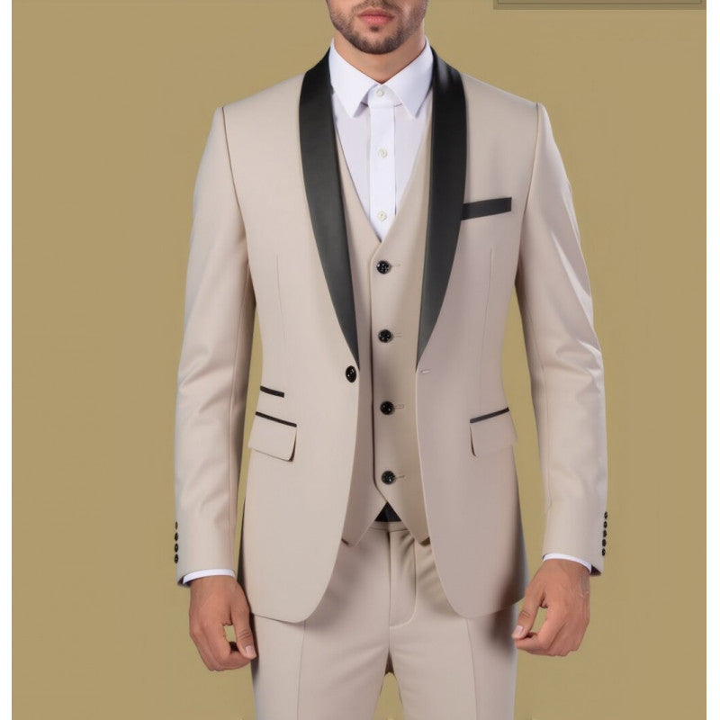 Herren Taillierter Dreiteiliger Smokinganzug mit Schalkragen und Satinrevers Shop Nory