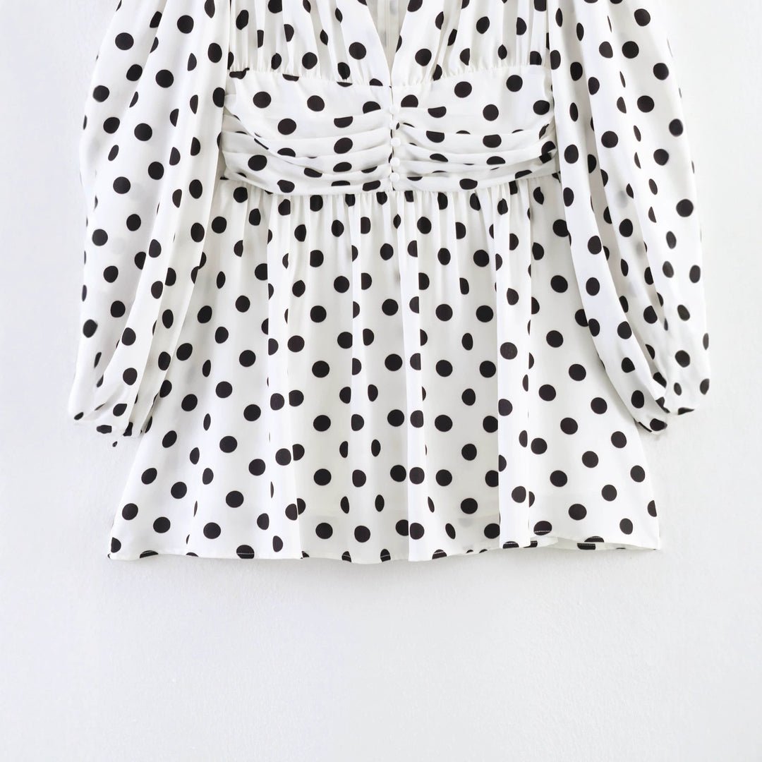 Damen Gepunktete Bluse mit tiefem V‑Ausschnitt, geraffter Taillenpartie und voluminösen Ballonärmeln Shop Nory