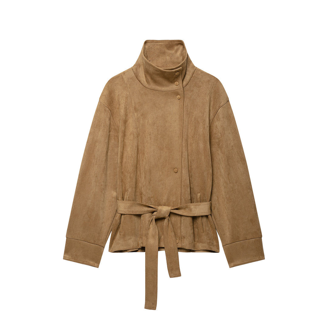 Damen Kurze Velours‑Optik Jacke mit hohem Funnelkragen, Druckknopfleiste und Bindegürtel Shop Nory