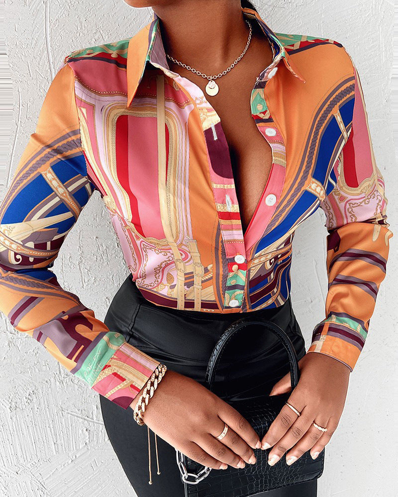 Damen Schicke Druckbluse mit modischem Kragen und figurbetonendem Schnitt Shopnory