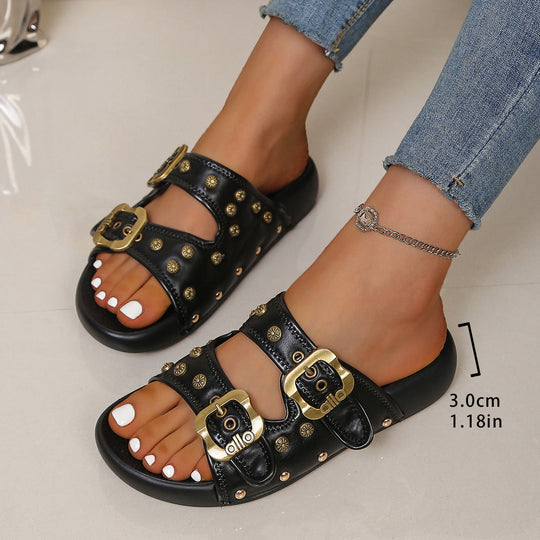 Damen Sandalen mit modischem Schnallen-Design und schimmernden Nieten