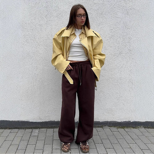 Damen Oversize-Bikerjacke aus veganem Lederimitat mit großem Revers und Taillengürtel Shop Nory