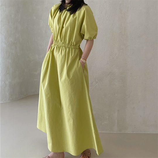 Damen Fließendes Baumwoll-Maxi-Sommerkleid mit elastischem Taillenbund, Puffärmeln und Eingrifftaschen Shop Nory