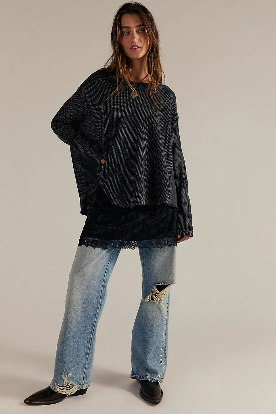 Damen Oversized Waffelstrick-Pullover mit weitem Schnitt und tiefem Raglan Shop Nory