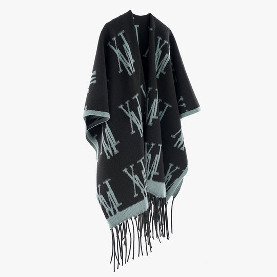 Damen Oversize-Monogramm-Capeponcho aus Wollmix mit Fransensaum Shop Nory