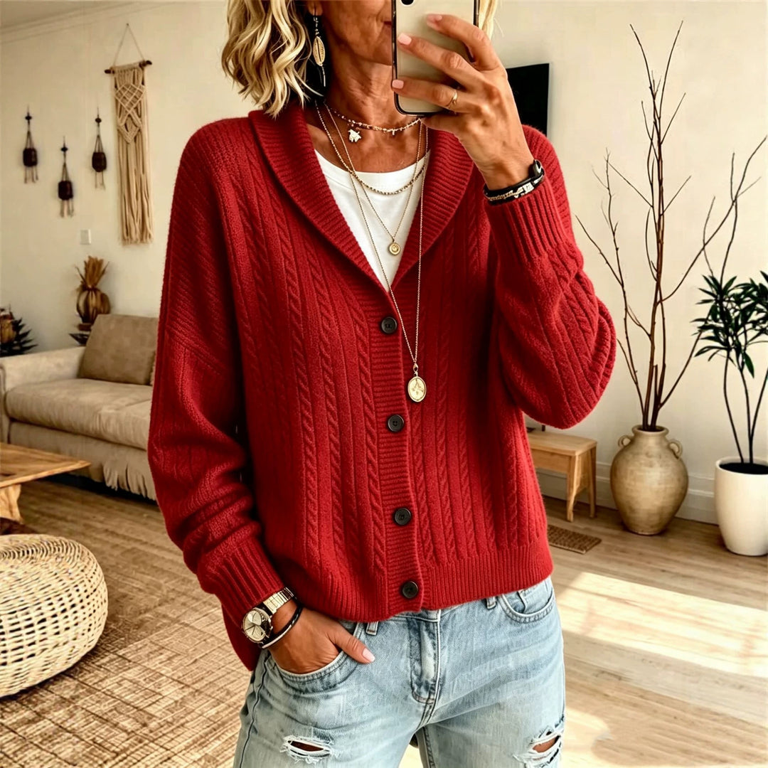 Damen Langer Schalkragen-Cardigan aus Zopfmuster mit gerippten Bündchen Shop Nory