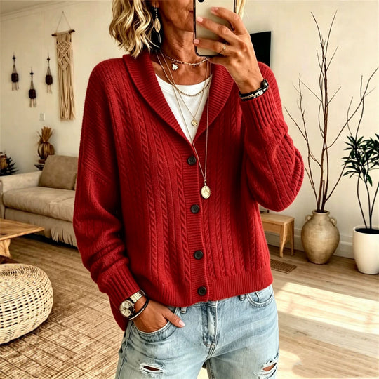 Damen Langer Schalkragen-Cardigan aus Zopfmuster mit gerippten Bündchen Shop Nory