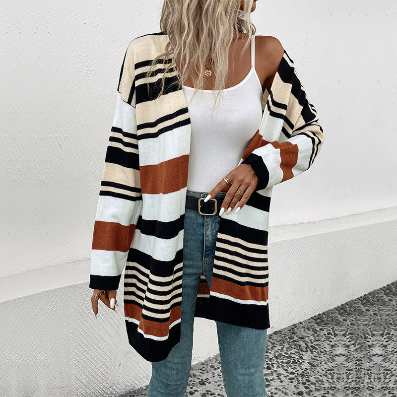 Damen Oversize Strickcardigan mit Blockstreifen, offener Front und langen Ärmeln Shop Nory