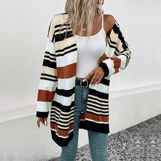 Damen Oversize Strickcardigan mit Blockstreifen, offener Front und langen Ärmeln Shop Nory