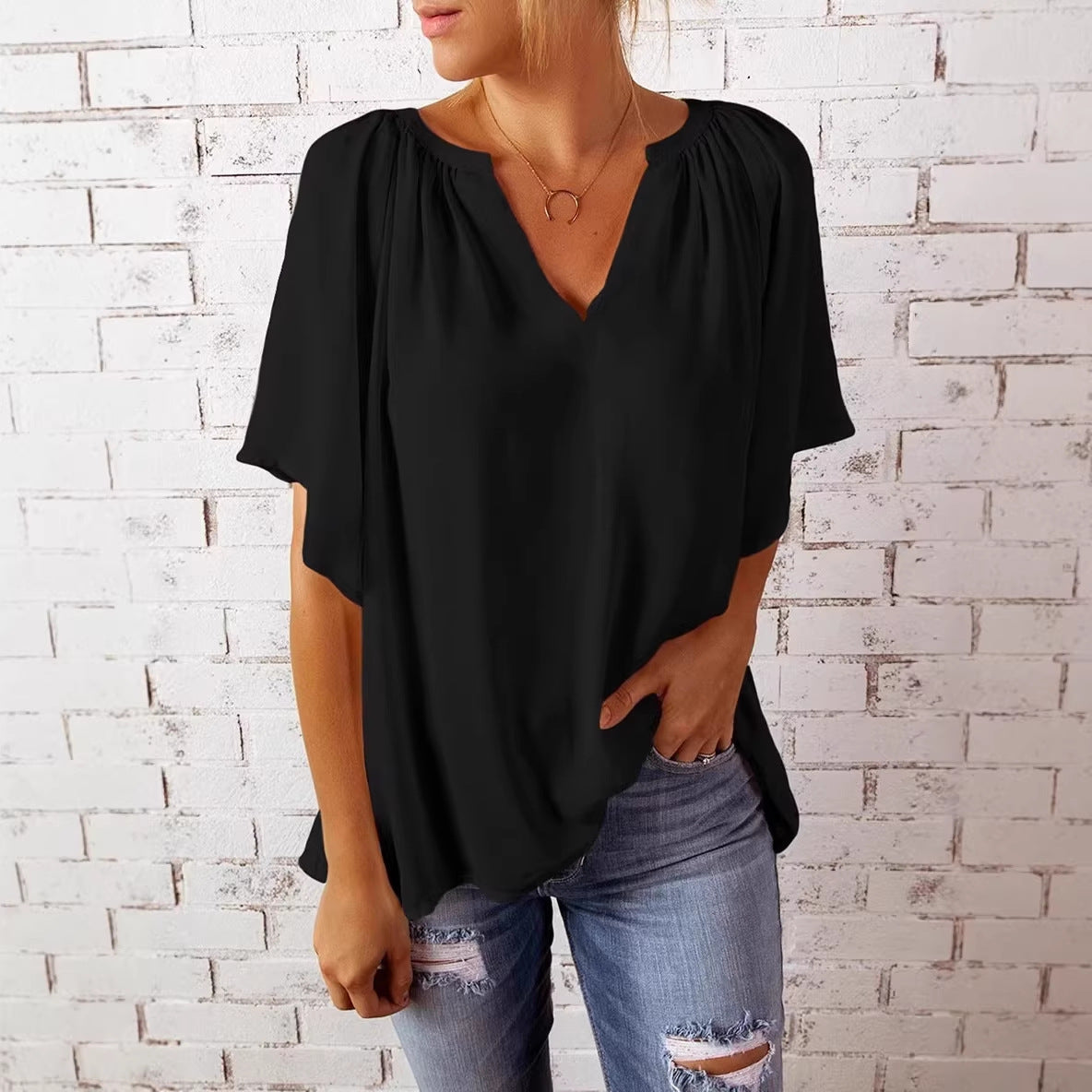 Damen lockeres Blusenshirt mit V-Ausschnitt und luftigen Ärmeln