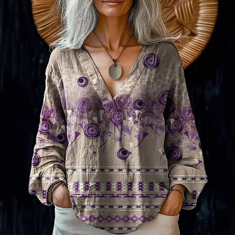 Damen Boho-Leinenmischung Tunika-Bluse mit V-Ausschnitt und floraler Aquarellstickerei Shop Nory
