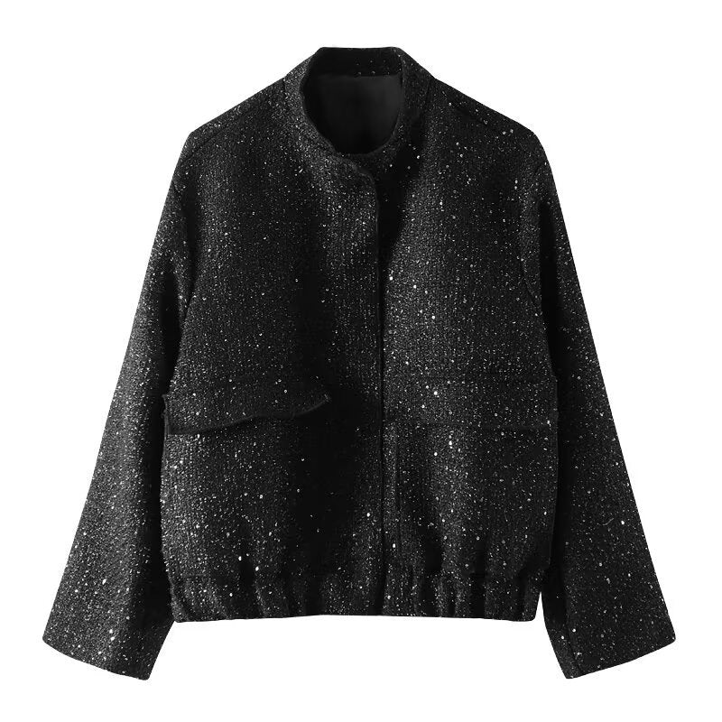Damen verzierte Bouclé-Bomberjacke mit Pailletten und Strass Shop Nory