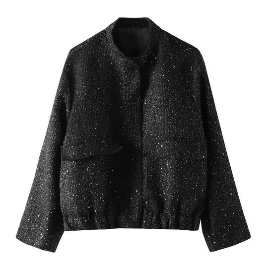 Damen verzierte Bouclé-Bomberjacke mit Pailletten und Strass Shop Nory