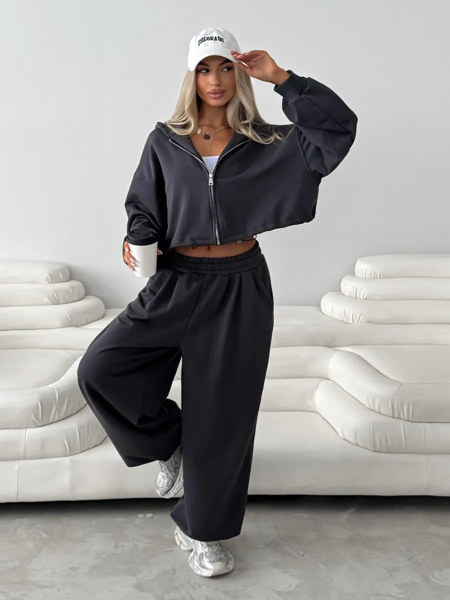 Damen weit geschnittenes Cropped-Zip-Hoodie und Palazzo-Jogger Set Shop Nory