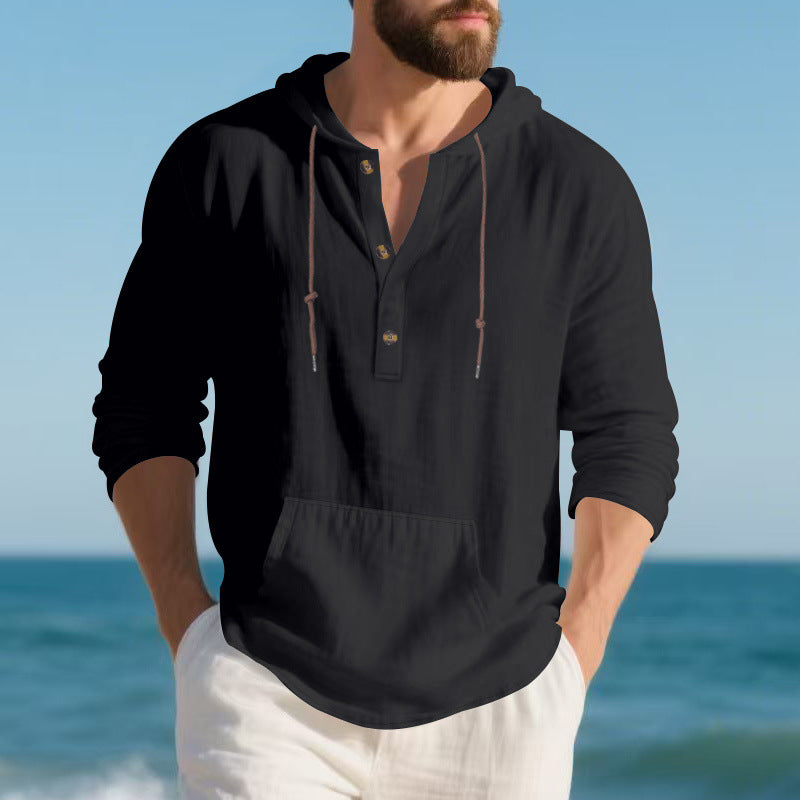 Herren Leichter Kapuzen-Henley aus Baumwoll-Leinen mit Kängurutasche Shop Nory