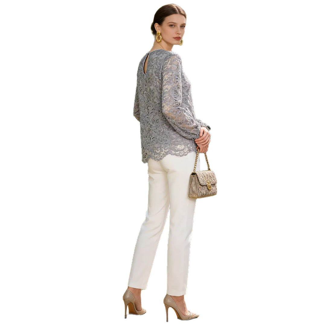 Damen Spitzenbluse mit durchgehendem Spitzen-Overlay, Rundhalsausschnitt und Schleifenärmeln Shop Nory