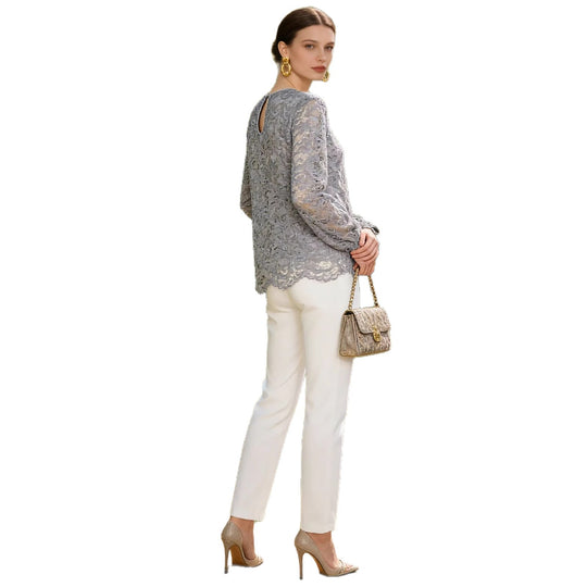 Damen Spitzenbluse mit durchgehendem Spitzen-Overlay, Rundhalsausschnitt und Schleifenärmeln Shop Nory
