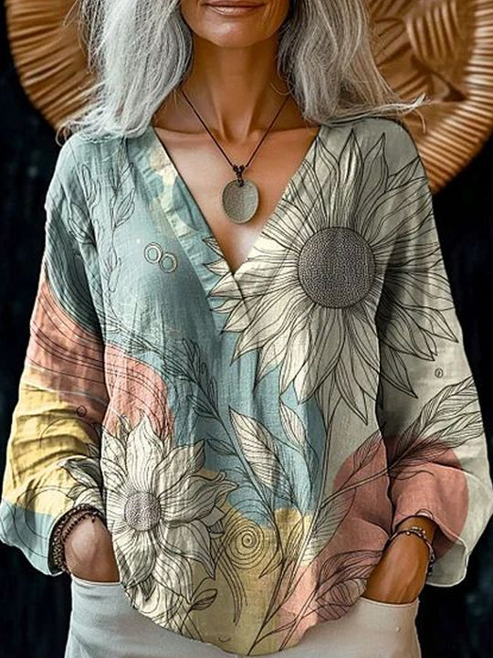 Damen Boho-Leinenmischung Tunika-Bluse mit V-Ausschnitt und floraler Aquarellstickerei Shop Nory
