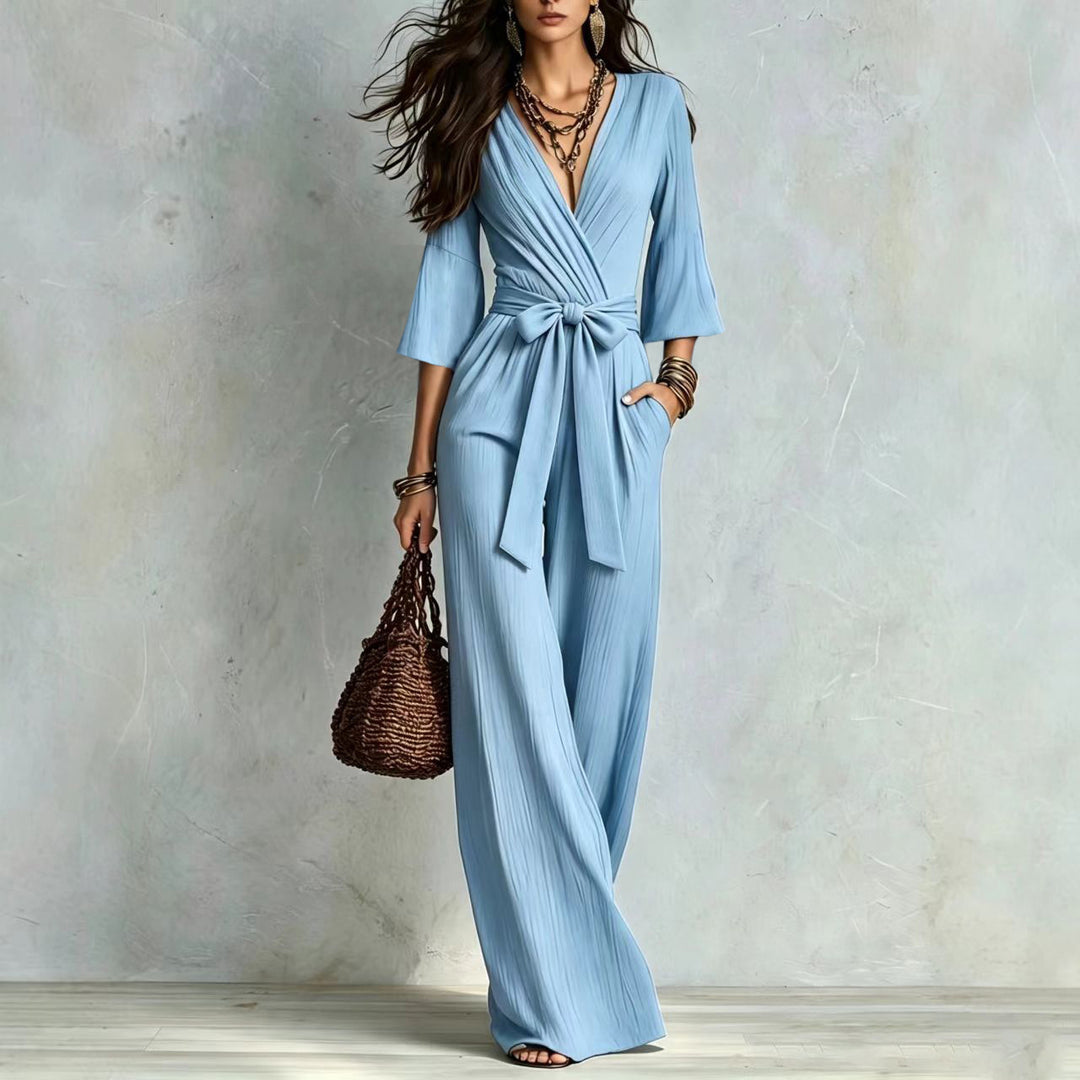 Damen Jumpsuit Wickel-Optik mit weitem Bein, Taillengürtel und Glockenärmeln Shop Nory