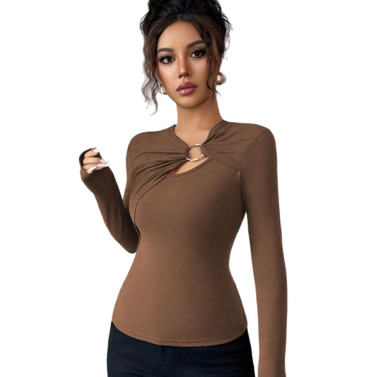 Damen figurbetontes Langarmshirt mit dekorativem Ring-Detail und asymmetrischem Keyhole-Ausschnitt Shop Nory