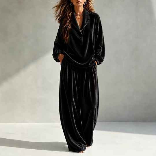 Damen Luxuriöses Velours-Loungewear-Set mit Schalkragen und weiter Palazzo-Hose Shop Nory