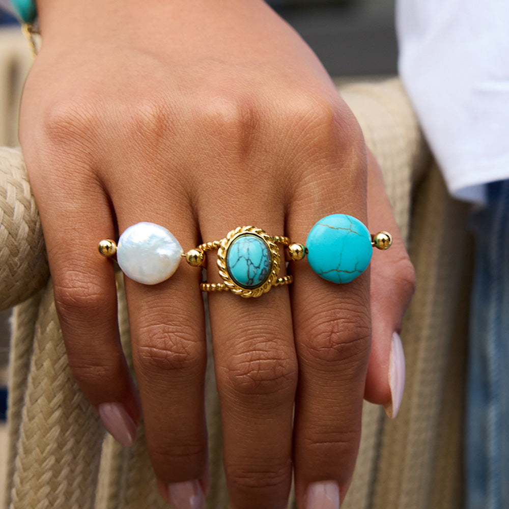 Damen Offener Ring mit funkelndem Türkis-Edelstein und eleganter Edelstahlverarbeitung Shop Nory