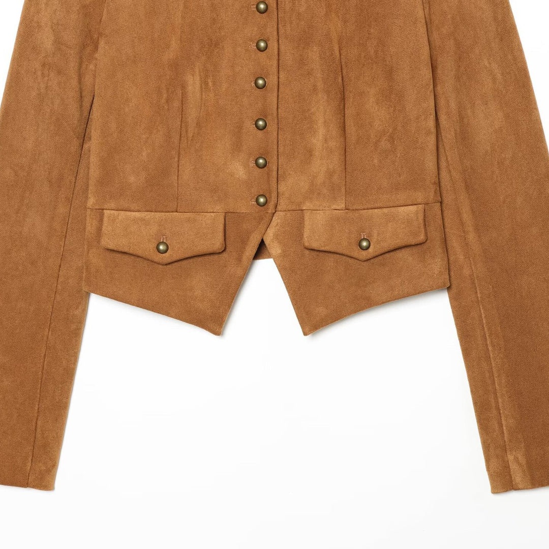 Damen Kurzjacke aus Veloursoptik im Military‑Stil mit Stehkragen und asymmetrischem Saum Shop Nory