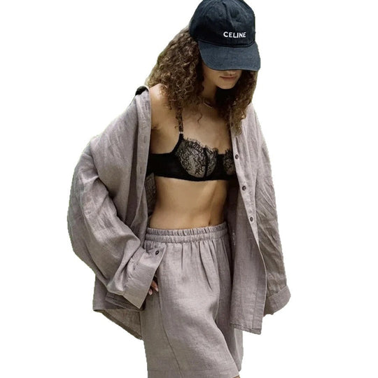 Damen lässiges Leinen Set mit lockerer Bluse und Shorts