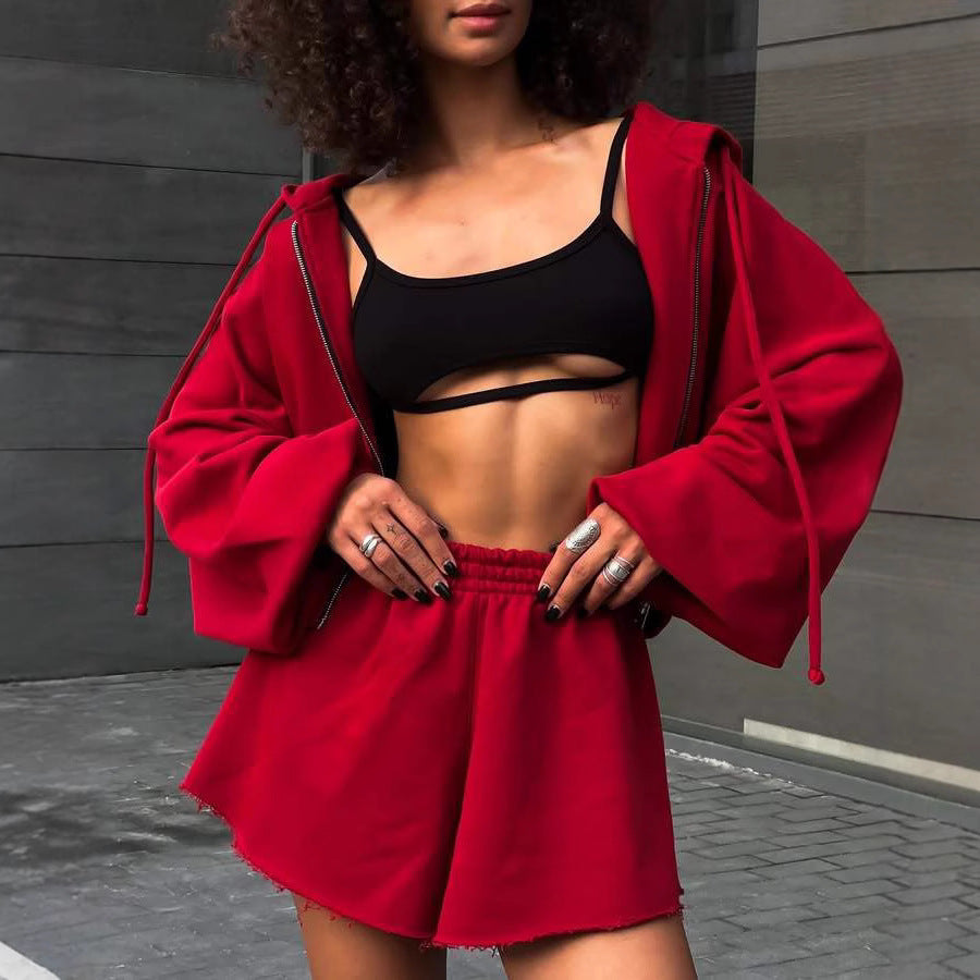 Damen oversized Cropped-Zip-Hoodie mit voluminösen Ballonärmeln und elastischer High‑Waist Loungeboxer-Shorts Shop Nory