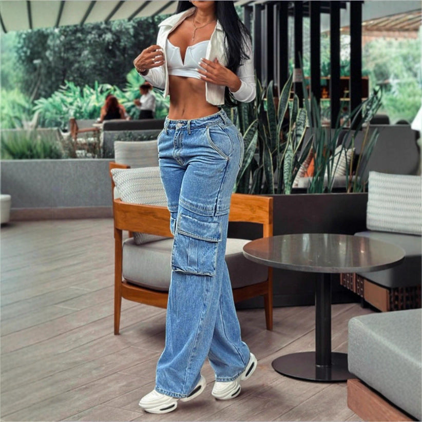 Damen tiefsitzende Wide‑Leg Cargo-Jeans mit XXL-Klappentaschen Shop Nory