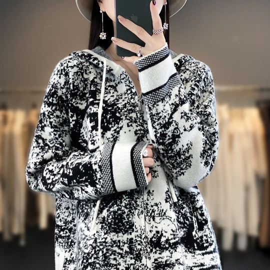 Damen Oversize Jacquard-Strickjacke mit Kapuze und Reißverschluss Shop Nory