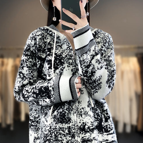 Damen Oversize Jacquard-Strickjacke mit Kapuze und Reißverschluss Shop Nory