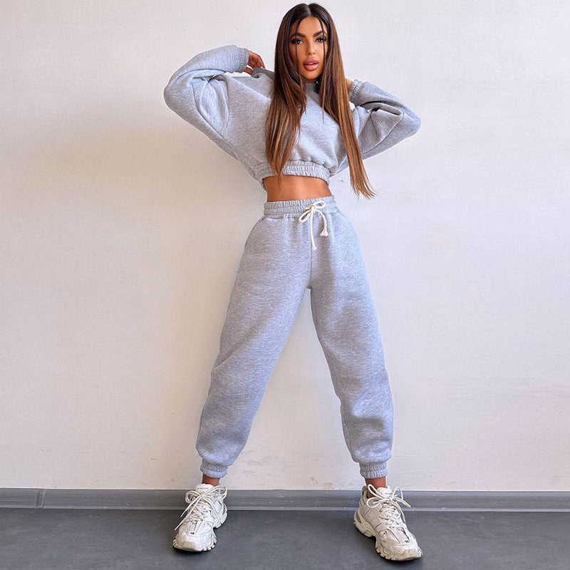 Damen cropped Stehkragen-Sweatset mit elastischem Taillenbund und hochtaillierter Tapered-Jogginghose Shop Nory